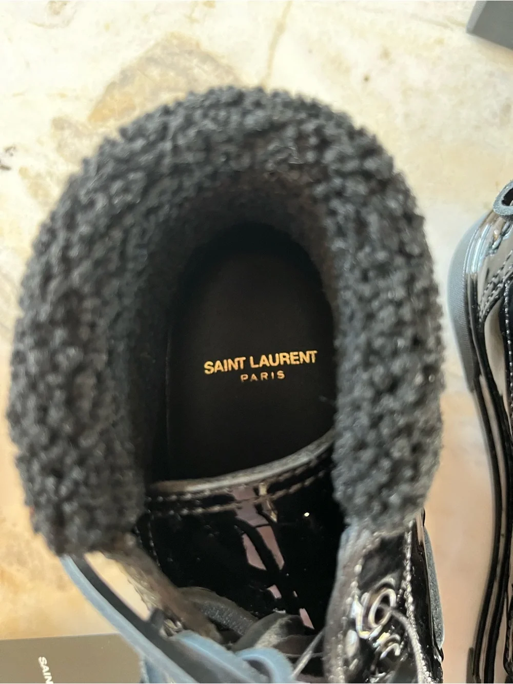 Saint Laurent Men’s Black Patent Leather Shearling Hi-Top Sneakers size 40 US 7